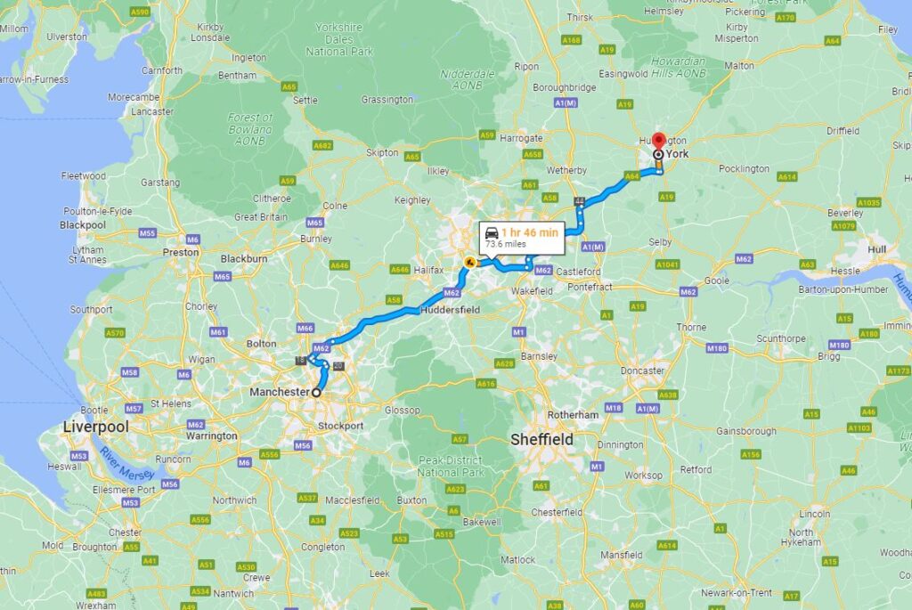 Distance from Manchester to York by car - 1 hour 46 min